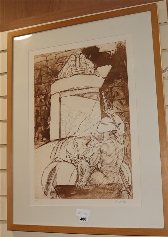 Dame Elizabeth Frink, etching, Agamemnon at the Lion Gate from The Children of The Gods Series, Kelpra Studios, 55 x 37cm